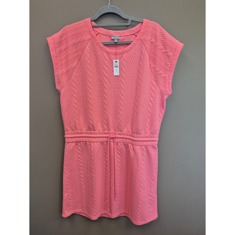 T by Talbots womens Large Pink Quilted Cable Knit Drawstring Waist Dress NWT
